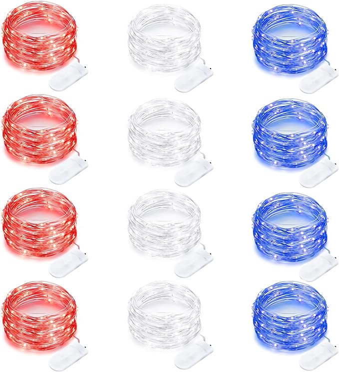 12 Pack 4th of July Lights 7 Feet 20 Led Waterproof Red White and Blue Lights Silver Wire Firefly Starry Moon Lights for Bedroom Independence Day Fouth of July Decor (Red & White & Blue)