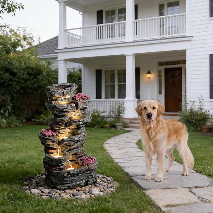 32.7’’H 6-Tier Rock Water Fountain Outdoor Cascading Waterfall Fountain with 3 Plant Nooks and LED Lights, Outdoor Water Fountain for Garden, Patio, Porch & Yard Decor