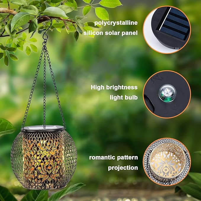 Solar Lanterns Outdoor Waterproof, 4 Pack Hanging Solar Lights Outside Garden Decor, Gifts for Women Mom Grandma Metal Decorative Lantern for Patio Yard Porch Balcony Backyard Lawn(4.6x4.6inch)