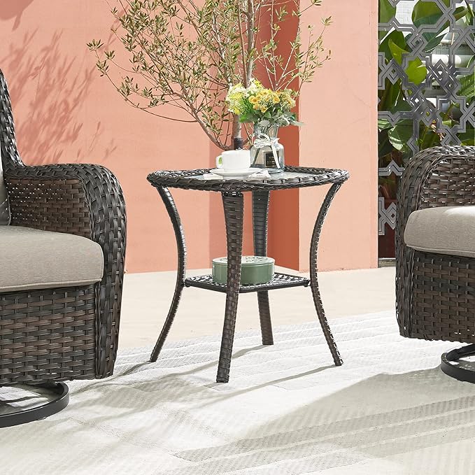 Belord Small Outdoor Side Table - Tempered Glass Wicker Table, Waterproof Patio Coffee Table Rattan End Table with Storage, Brown