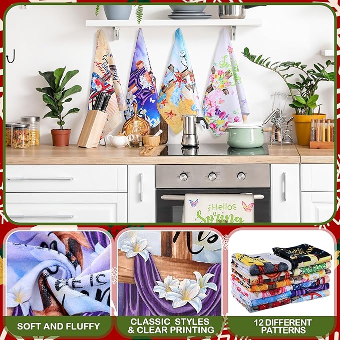 FuWeave 12 Pcs Seasonal Kitchen Towels Set for All Holidays Hand Dish Tea Towels Gift Bulk Valentine's Day Absorbent Dishcloths Housewarming Gift for Cooking Kitchen Bathroom(Cross Style,Vivid Color)