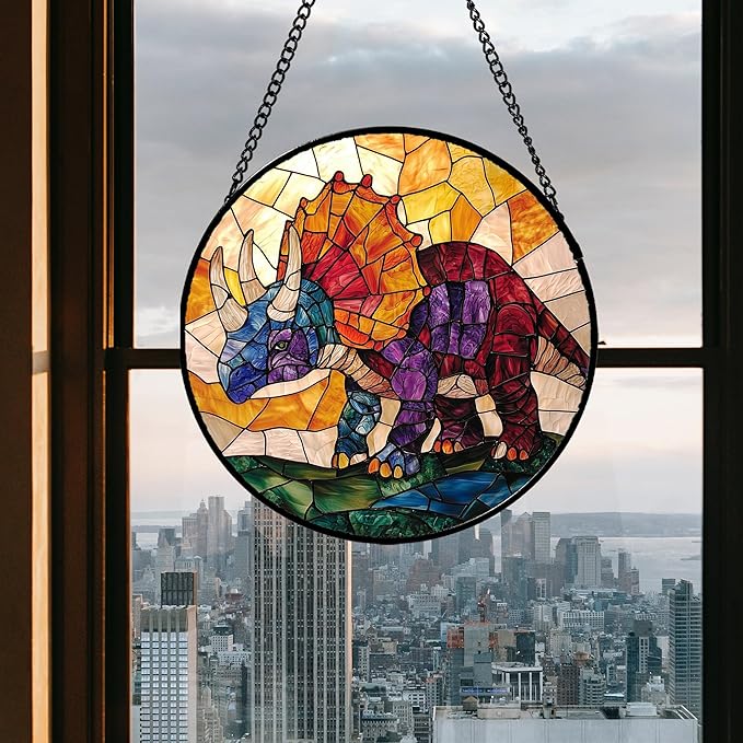 Stained Glass Window Hanging - Triceratops Abstract Dinosaur Suncatcher for Door Terrace Garden Home Decor, Orange Red Sun Catcher Birthday Gifts for Lovers Women Men Dad Mom Nana 15 in