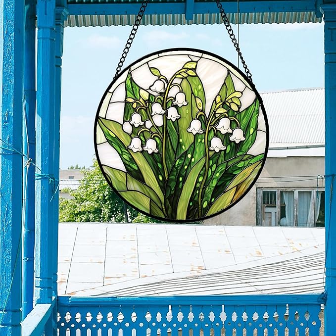DASTOLL Stained Glass Window Hanging, Lily of The Valley Flower Sun Catchers Colorful Glass Panel Green Plants Suncatcher Decor for Birthday for Women,Men,Wife, Lovers, and Mom 14.9 in