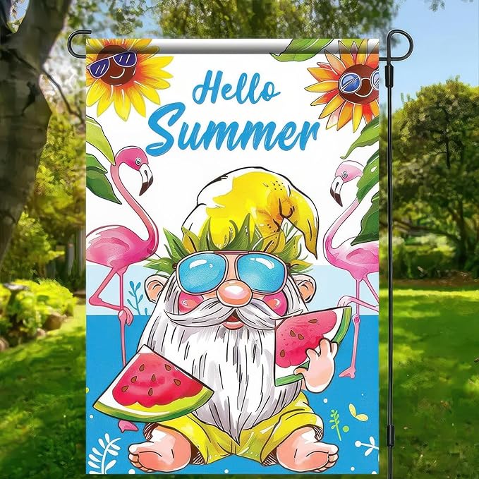 Hello Summer Gnomes Garden Flag Watermelon Flamingos 12x18 Double Sided Hawaii Tropical Beach Holiday Ocean Sea Yard Small Banner for Seasonal Outdoor Party Decoration