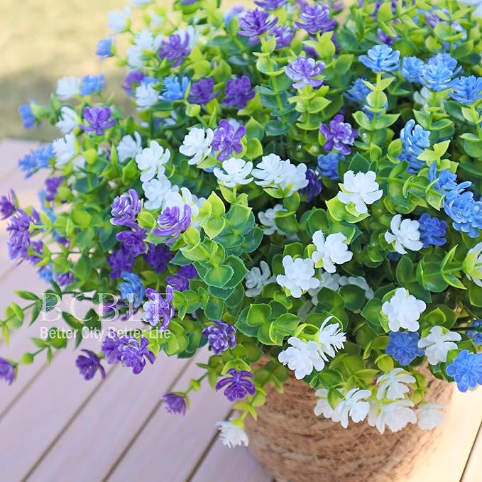BCBLF Artificial Flowers for Outdoors, 12 Bundles UV Resistant Realistic Faux Plants for Outside Porch Planter, Spring Summer Home Garden Decoration, Blue