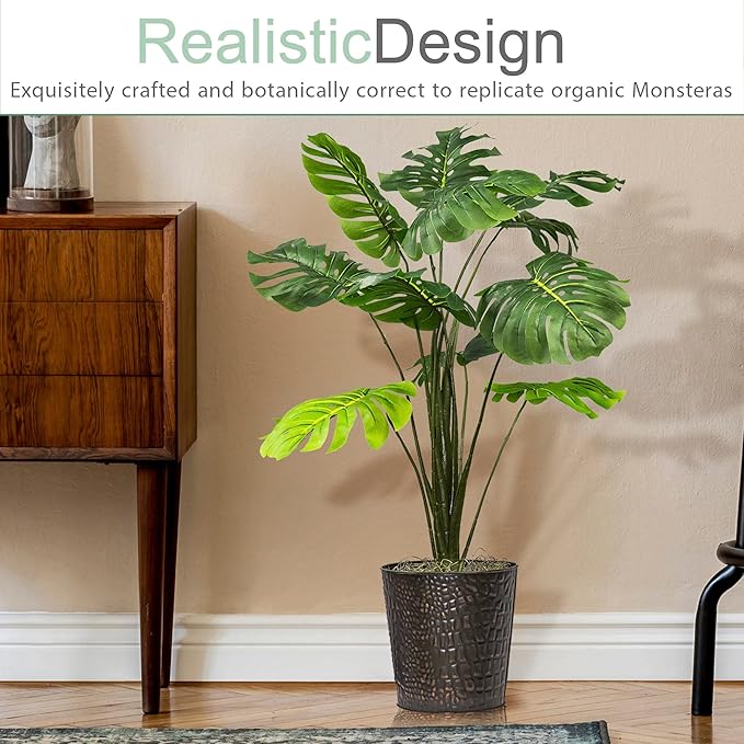 LCG Florals 2.8ft Faux Monstera Deliciosa - Realistic Fade Resistant Foilage, No Maintenance, Large Indoor Artificial Plant in Copper Metal Pot - Living Room, Home & Office Decor