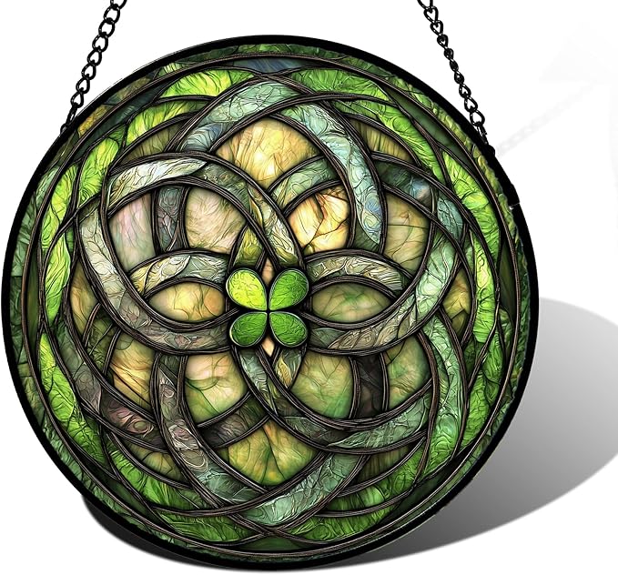 DASTOLL Stained Glass Window Hanging, Abstract Green Clover Sun Catchers Colorful Glass Panel Bless Suncatcher Decor for Birthday for Women, Men, Wife, Aunt, and Mom 9.8 in