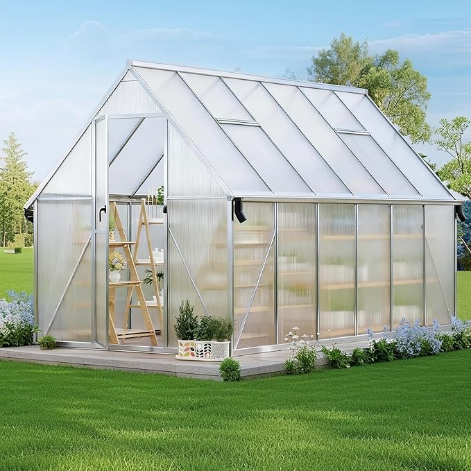 8x12ft Outdoor Greenhouse, Green Houses for Outside Walk-in Kit with Roof Vent, Polycarbonate Greenhouse for Winter & All Season Use, Heavy Duty Aluminum Frame