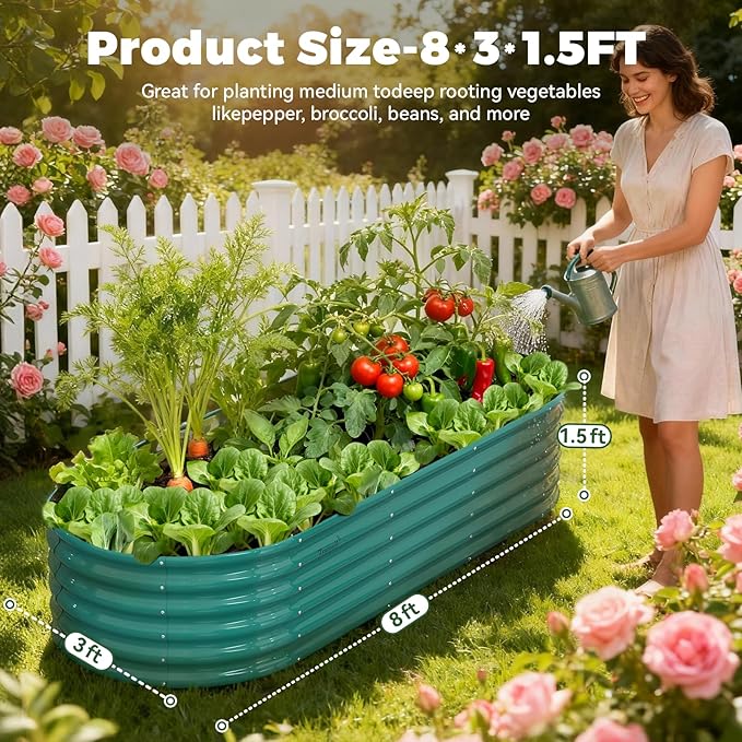 Galvanized Raised Garden Beds for Outdoor,8x3x1.5ft Metal Planter Box Kit for Vegetables, Flowers, Herbs, Large Elevated Gardening Bed with High Yield, Rust-Resistant Steel Panels, Easy Assembly