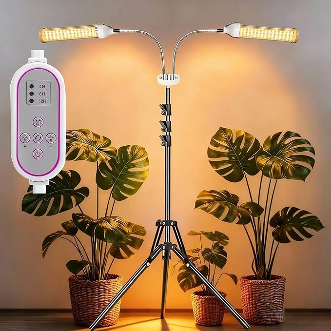 Secefeao Grow Lights for Indoor Plants Full Spectrum, LED Plant Light with Stand, Adjustable Height, 4/8/12H Timer, 10 Dimmable Levels & 3 Lighting Modes (Stand-2 Head)