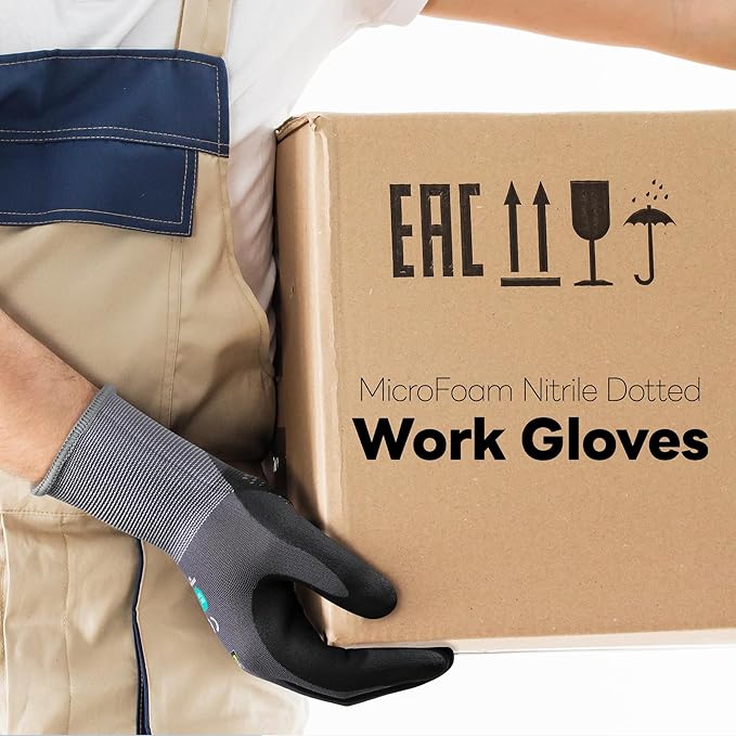 DULFINE Work Gloves for Men and Women,Grey Nylon with MicroFoam Nitrile Coated-12 Pairs Pack, Dots on Palm for Anti-slip and Extra Abrasion Resistant(Extra Large)