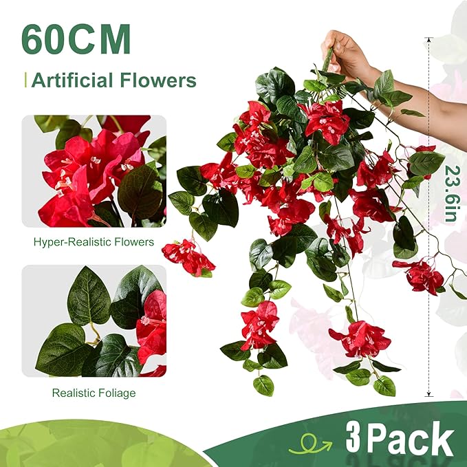 Bougainvillea Artificial Hanging Flowers for Outdoor 3 Pcs Faux Bougainvillea Flowers Fake Hanging Plants Silk Flowers Long Trailing Vines for Front Door Porch Planter Patio Balcony (Red)
