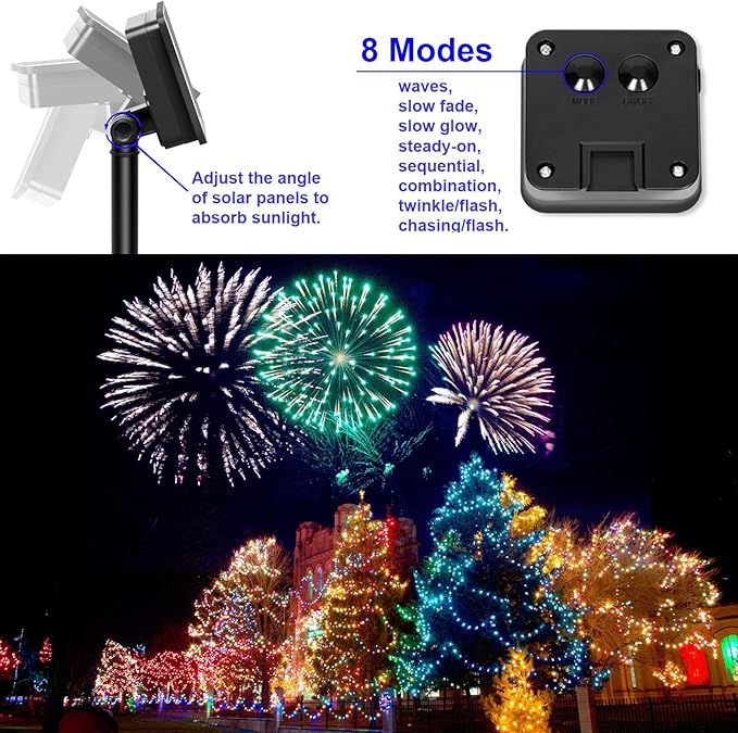 Solar Christmas String Lights Multicolor Outdoor Waterproof 100 LED（2 Pack） 8 Modes Copper String Lights Fairy Lights for Valentine's Day Garden, Patio, Fence, Balcony, Outdoors(Multicolor 2pcs）