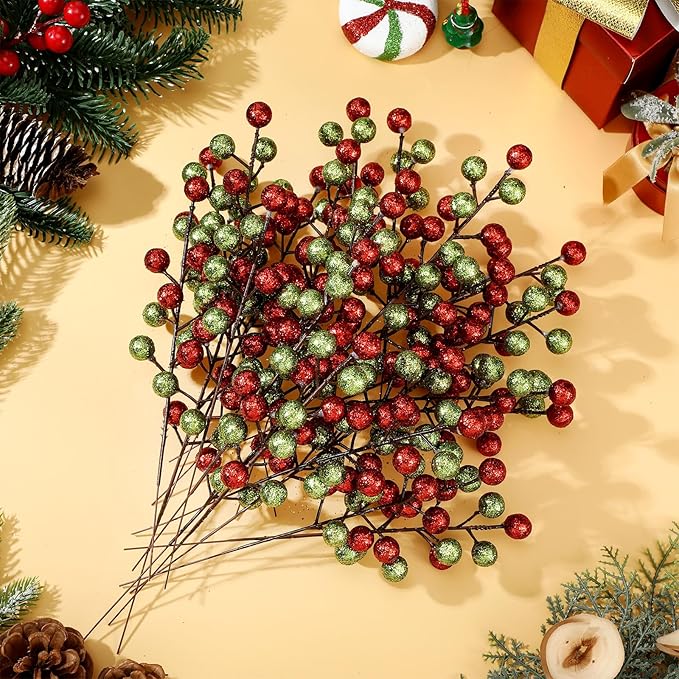24 Pcs Christmas Glitter Berries Stems, 8.8" H Artificial Christmas Picks for Xmas Tree Ornaments, Holiday Wreath DIY Crafts, Xmas and Home Decor(Red, Green)