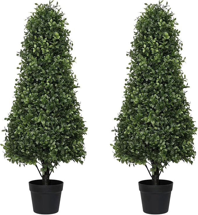 Azoco 3ft Artificial Boxwood Topiary Trees (Set of 2) - UV Resistant Faux Plants Outdoor, Realistic 36" Fake Cone Bushes and Shrubs for Front Porch, Planter, Patio - Low Maintenance & Evergreen