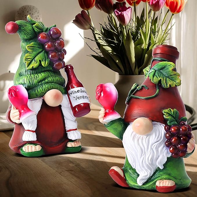 2PCS Wine Gnomes Figurines Valentines Day Decorations Home Party Wine Bar Decor Gnome Gifts for Women Collectible Statue Outdoor for Dining Tables Tiered Pallets Wine Cabinet Living Room