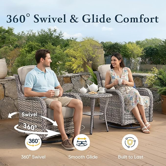Belord Luxury 6" Thick Cushioned Outdoor Swivel Rocker Patio Chairs Set of 4 with Side Table, High Back Wicker Furniture Set with Ergonomic Zone Back, Conversation Set for Deck Porch - Grey+Beige