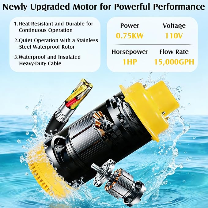 Pond Fountain Aerator Burnvale BU-F4, 1HP 15000 GPH Floating Pond Aerator Fountain with 100FT Power Cord, Timer, 2x100FT Traction Rope for Large Ponds, Lakes, Farm, Ranch, Outdoor Large Fish Pond