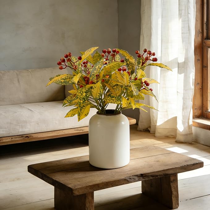 3 Pcs Artificial Autumn Plants, 18" Faux Greenery Fall Leaves Branches for Vase Fake Red Berry Plants Stems Indoor for Table Fireplace Cabinet Livingroom Kitchen Festivals Home Decor (Late Autumn)