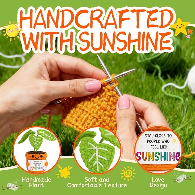 TKGIFTHOT Valentines Handmade Crochet Plant Potted Gift for Friend, Bestie, Coworker | Positive Sunshine Inspirational Desk Decor | Best Friendship & Uplifting Gifts for Her Him