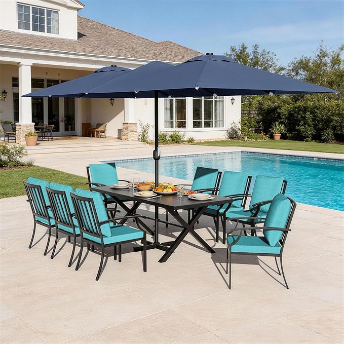 10-Pieces Patio Conversation Set,Metal Outdoor Furniture Set Includes 13.6FT Navy Umbrella,Hole Cut-Out 78.7" x 35.4" Table and 8 Metal Backrest Chairs for Backyard,Garden,Blue
