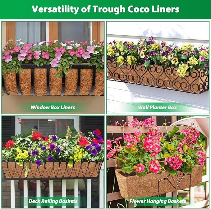 Legigo 2 Pack 30 Inch Square Coco Liners Planter Baskets Liner- Natural Coconut Coir Fiber Liner Replacement, Window Box Liners Trough Coconut Liners for Wall Planter Garden Deck Fence Flower Baskets