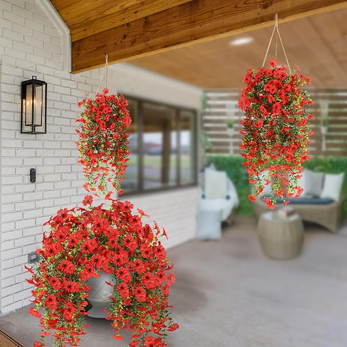 Sggvecsy Artificial Fake Hanging Flowers Plants for Outdoor Outside Spring Summer Decoration 2PCS Faux Silk UV Resistant Realistic Mums Daisy with Eucalyptus for Home Porch Patio Balcony(Red)