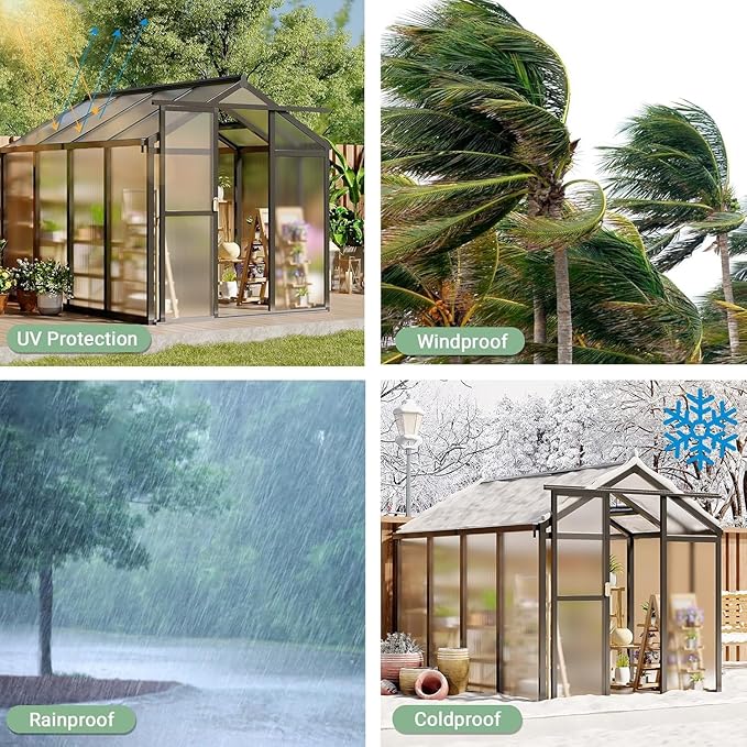6X8FT Outdoor Greenhouse, Aluminum Polycarbonate Green House, Green Houses for Outside with Sliding Doors, Ajustable Roof Vent, Withstands Bad Weather for Garden, or Backyard, Black