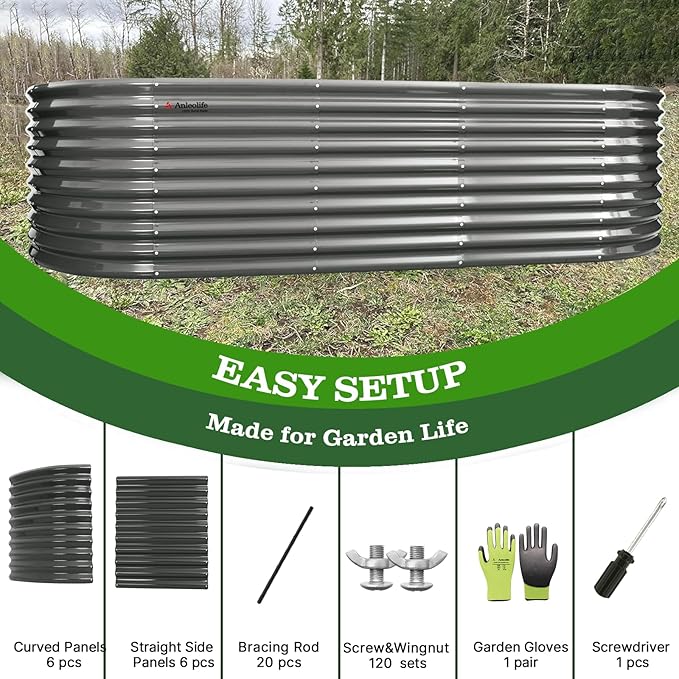 A ANLEOLIFE 30" Extra Tall Galvanized Raised Garden Beds Outdoor, 10x3x2.5ft Large Oval Metal Planter Boxes for Planting Vegetables, Flowers, Fruits, Eco-Safe & Easy Setup, Quartz Grey