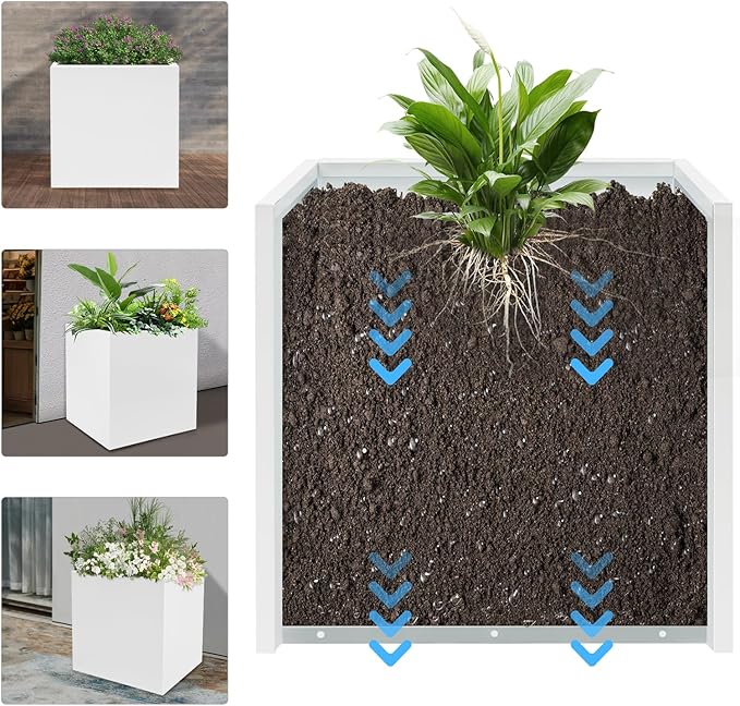 20 & 24 &17 Inch Square Steel Planter Box with Drainage - Modern Tall Cube Planters for Indoor & Outdoor Use,Large Contemporary Flower Pot for Patio, Garden, Deck & Houseplants (White, 17Inch)