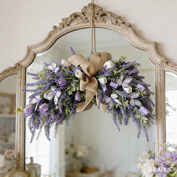 Valentine's Day Artificial Heart Shaped Teardrop Swag Wreaths Spring Summer Fake Flower Wreath for Gifts Festival Front Door Window Wall Decor (1, Purple Tulips)