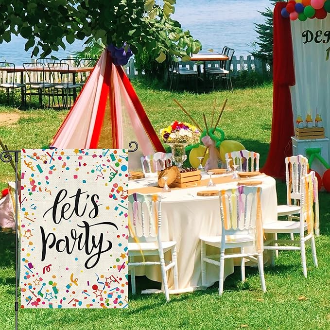 Louise Maelys Let's Party Garden Flag Colored Ribbon Welcome Double Sided 12x18 Inch All Seasonal Small Burlap Holiday Yard Sign Outdoor Outside Home Decoration