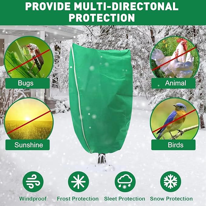 4 Pack Winter Plant Covers Freeze Protection, 47 "x 31" Thickened Frost Blankets for Outdoor Plants, Fruit Trees, Shrubs & Potted Plants | Reusable Cloth Plant Covers Jacket with Drawstring-Green