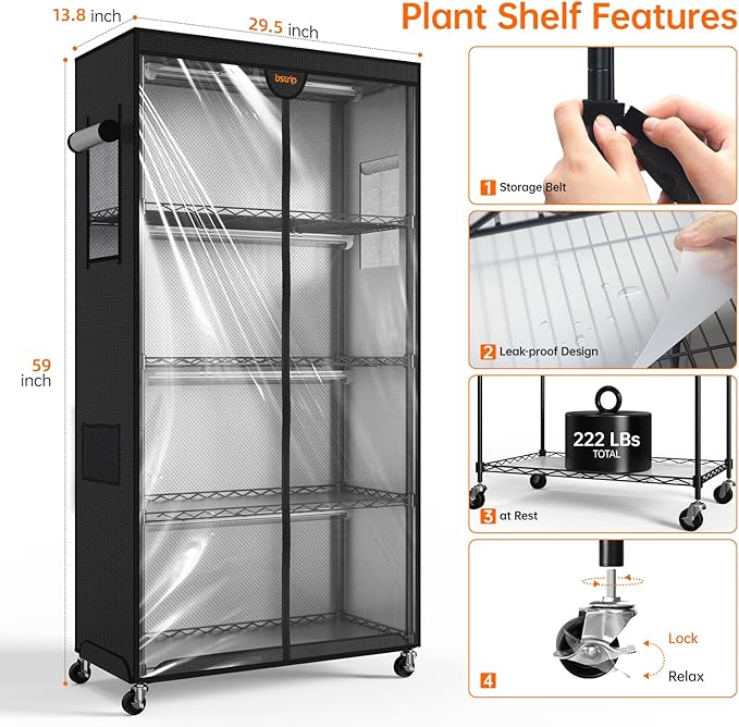 Bstrip Indoor Greenhouse with Grow Light, Plant Stand with 4 Pack 24W Full Spectrum Plant Lights, Plant Shelf with Tent for Indoor Plant, Seed Starting, Seed Tray, 29.5"x13.8"x59"