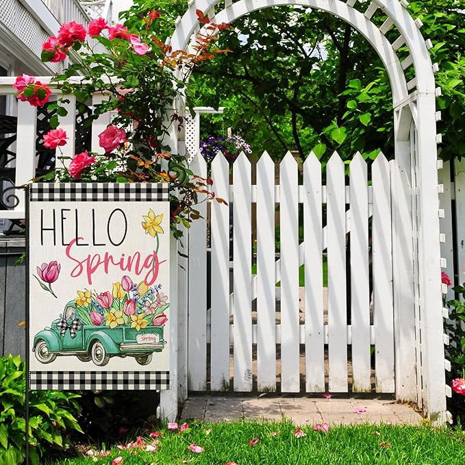 Hello Spring Garden Flags for Outside, Buffalo Plaid Truck with Flowers Yard Decoration, Small Seasonal Summer Outdoor Decor for Farmhouse Holiday,12x18 Inch Double Sided