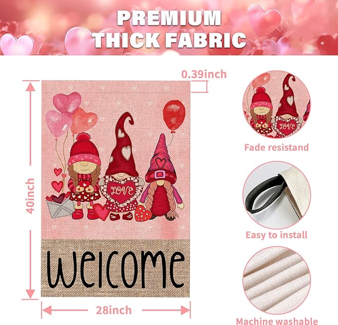 Welcome Valentines Day Gnomes House Flag 28x40 Inch Double Sided Outside Red Balloon for Outdoor Farmhouse Anniversary Holiday Yard Valentine Decoration FF-225