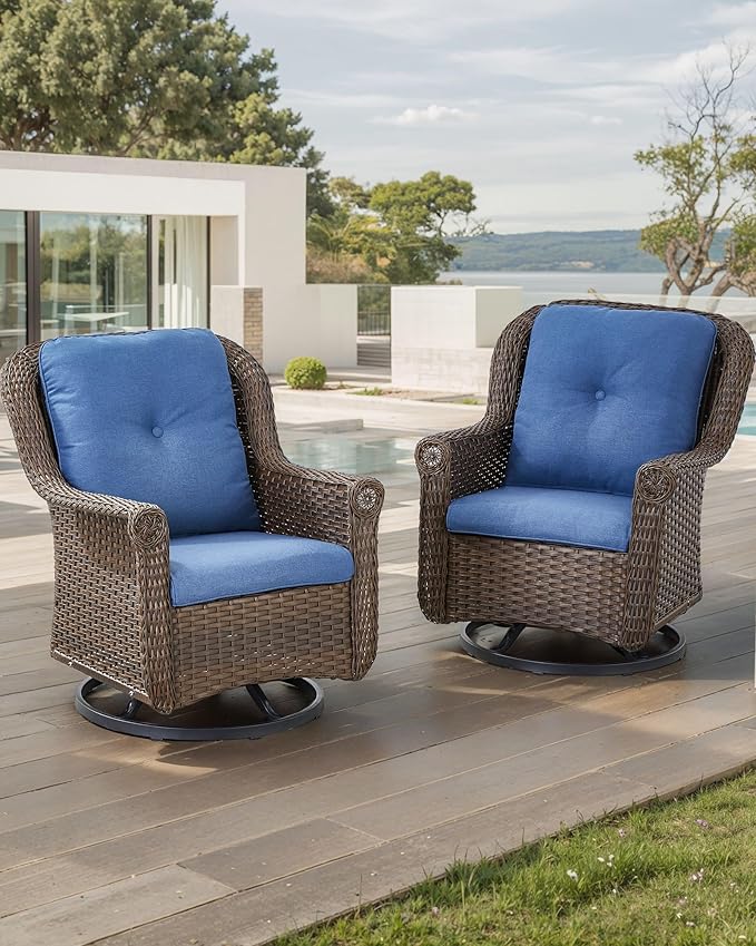 Patio Chairs Outdoor Swivel Glider - Set of 2 High Back Outside Brown Wicker Rattan Rocking Chair with Thick Cushion for Porch Apartment Deck Yard Poolside Garden - Navy Blue