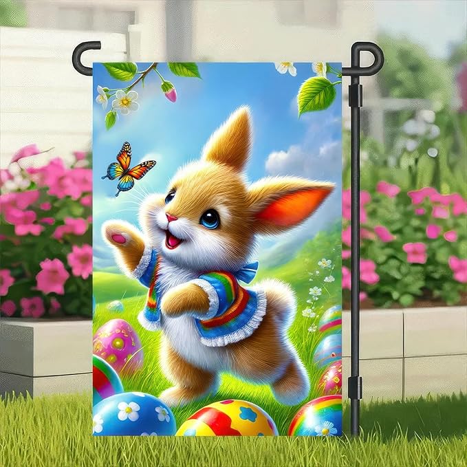 Happy Easter Bunny Garden Flag 12x18 Inch Double Sided Colorful Egg Spring Design Small Outdoor Yard Flag Cute Rabbit Welcome Banner for Porch Lawn Patio Spring Easter Decor
