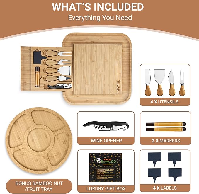 Pulse Bamboo Charcuterie Board Set – Premium Bamboo Cheese Board with Slide-Out Knife Drawer – Complete Hosting Set for Wine Nights & Parties – Perfect Housewarming Gift and Wedding Gift for Couples