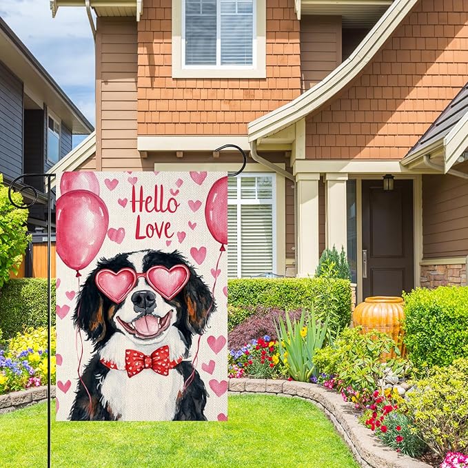Valentine's Day Bernese Mountain Hello Love Garden Flag, House Yard Plaid Love Heart Outside Decoration, Spring Holiday Wedding Anniversary Outdoor Small Decor 12x18(12620)
