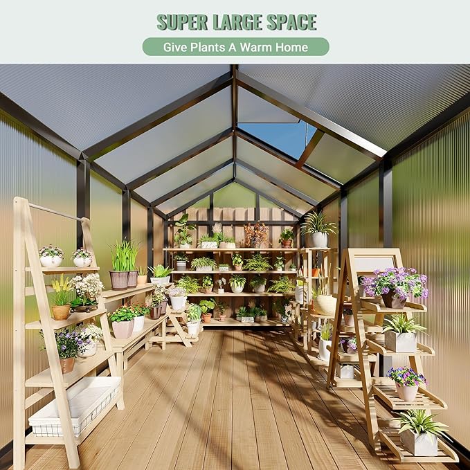 6X8 FT Greenhouse for Outdoors, Walk-in Greenhouse Kit with Aluminum Frame, Polycarbonate Panels, Adjustable Roof Vent, Sliding Door, Secure Lock for Outside Garden, Patio, Backyard