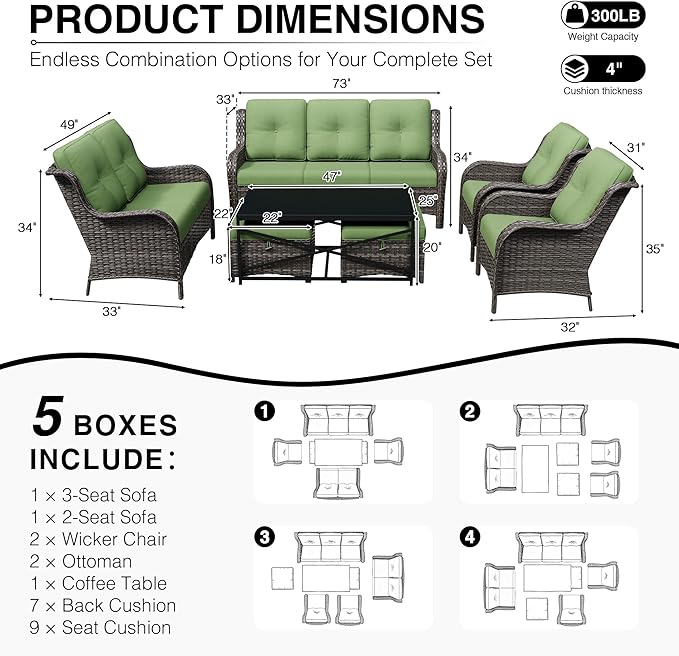 Joyside 7 Piece Wicker Patio Furniture Set, Rattan Patio Chairs with High Back, Deep Seating, Wide Armrest, Thickened Cushions, Outdoor Furniture for Deck, Porch Use