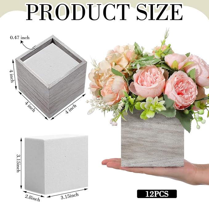 Suzile 12 Set 4 Inch Wooden Planter Box Flower Square Vases for Centerpiece Rustic Cube Planter Box with Removable Foam Blocks Liner Square Vase Craft for Garden Home(Light Brown)