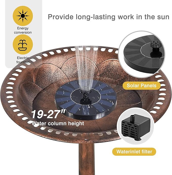 VECELO 28" Pedestal Outdoor Bird Bath with Solar Powered Fountain for Outside, Vintage Bronze Polyresin Lightweight Antique, Yard/Garden Decoration, Bronze