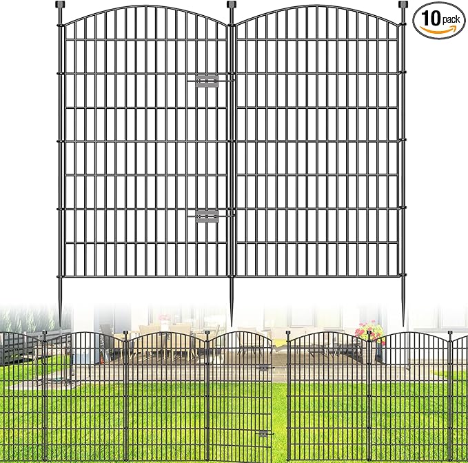 10 Panels No Dig Decorative Garden Fence with Gate - 48 in (H) x 26 ft (L), Dog Fence Outdoor for Yard, Rustproof Metal Animal Barrier Ground Stakes Fencing for Garden, Patio, Flower Bed