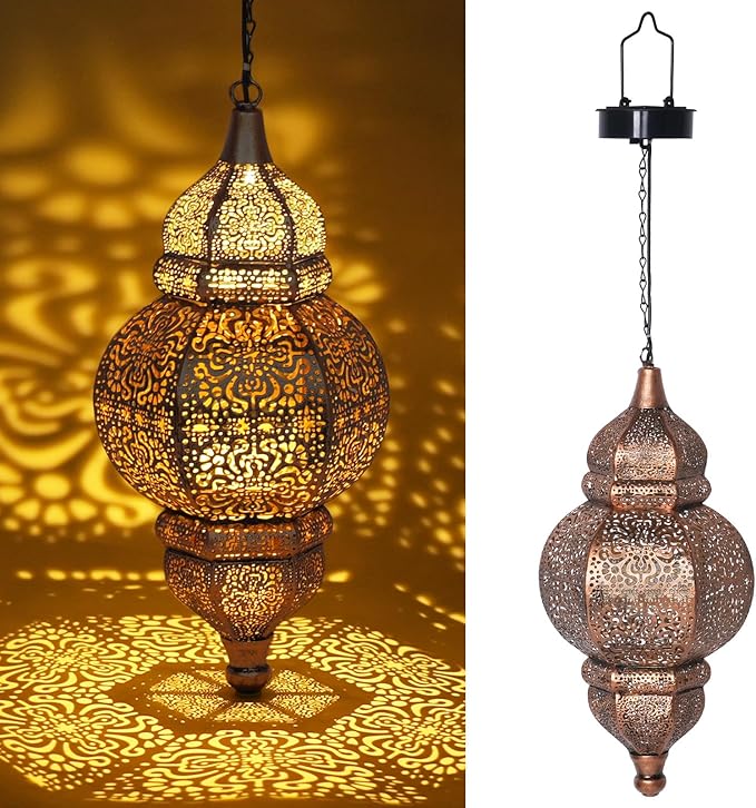 Hanging Solar Lights, Outdoor Decor Solar Lantern, Waterproof Metal Moroccan Lantern for Outside Patio Pathway Yard Front Porch Backyard Garden Decorative (1 Pack)