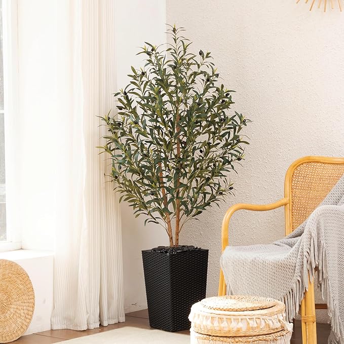 OAKRED Artificial Olive Tree 5FT Faux Olive Tree - Adjustable Branches UV Resistant with Black Taper Planter and Pebbles - Faux Plants Indoor for Living Room, Office Decor and Bedroom