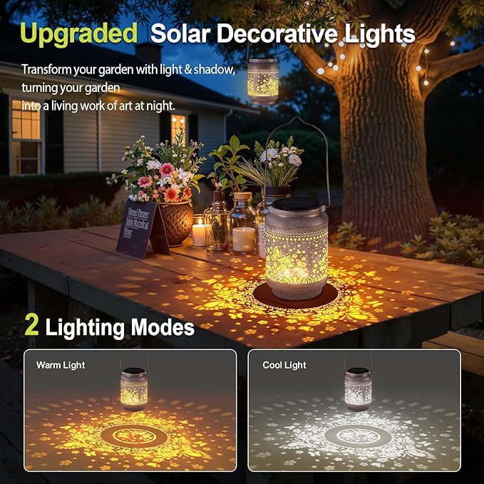 KOOPER Solar Lanterns Outdoor Waterproof Birthday Gifts for Women Mom Grandma, 2 Pack Upgraded Hummingbird Hanging Solar Lantern Lights Outdoor, Metal Outdoor Decoration for Yard (Butterfly and Rose)