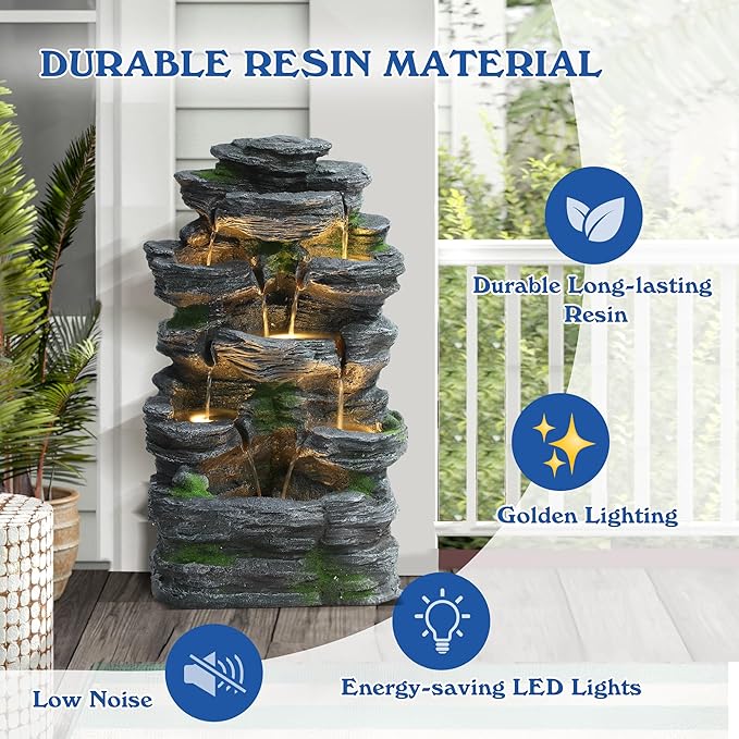 7-Tiers Garden Waterfall Fountain Outdoor - Water Fountains and Waterfalls, Outdoor/Indoor Floor Standing Resin Water Fountain with LED Light for Patio, Garden and Backyard, Deck, Porch, Home
