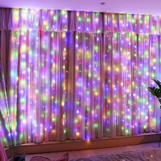 HXWEIYE 300LED Fairy Curtain Lights, 9.8x9.8Ft USB Plug-in 8 Modes Christmas String Hanging Lights with Remote for Bedroom Backdrop Wedding Indoor Wall Decor, Multicolor, Standard – 1 Pack